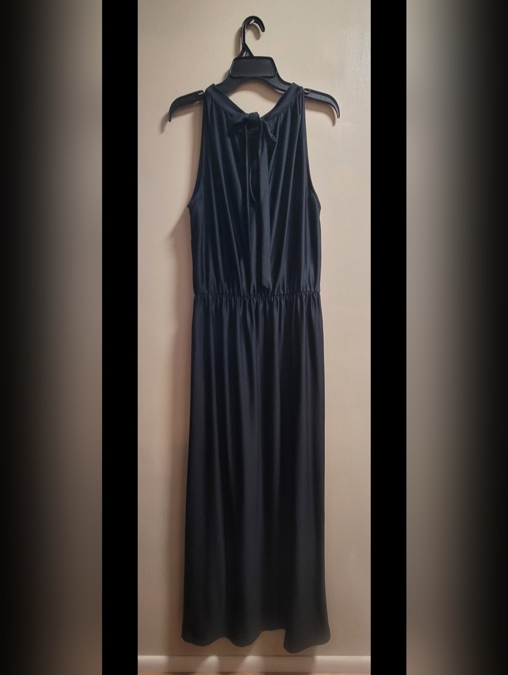 Satin-Finish Black Sleeveless Maxi Dress with Tie-Back Neck